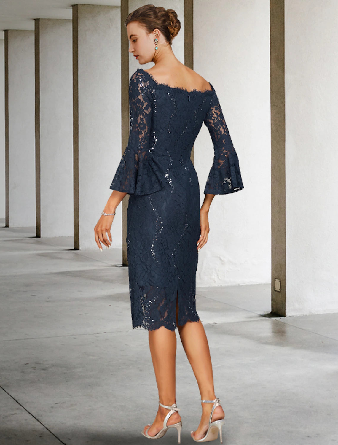 Wholesale  Sheath / Column Mother of the Bride Dress Wedding Guest Vintage Elegant Jewel Neck Tea Length Lace 3/4 Length Sleeve with Sequin Fall